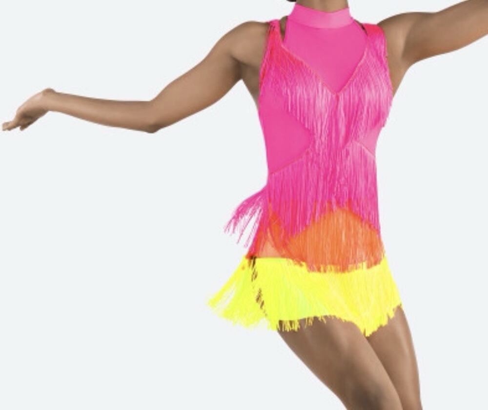 Revolution RC24609 What Is Love Size LC Girls Large Dance Leotard Fringe Neon